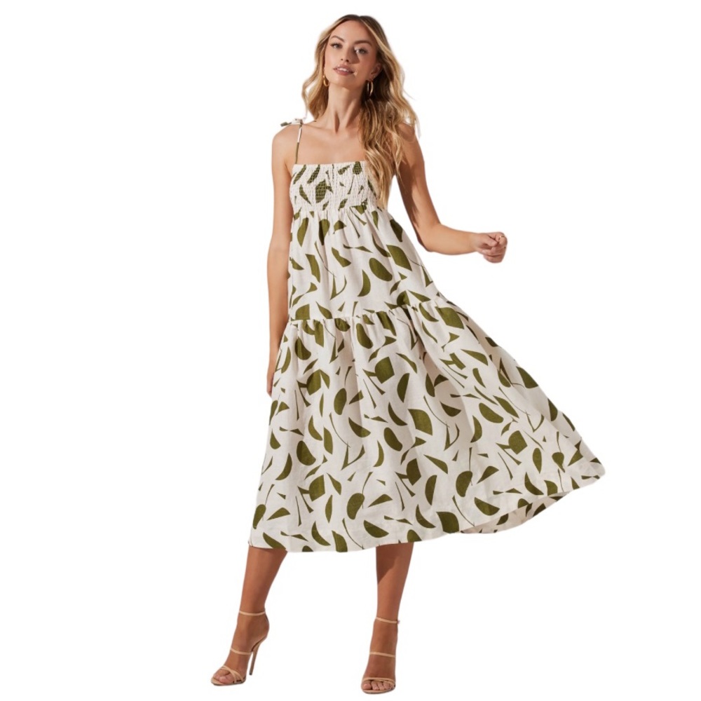 Astr Olive Leaf Print Midi Dress